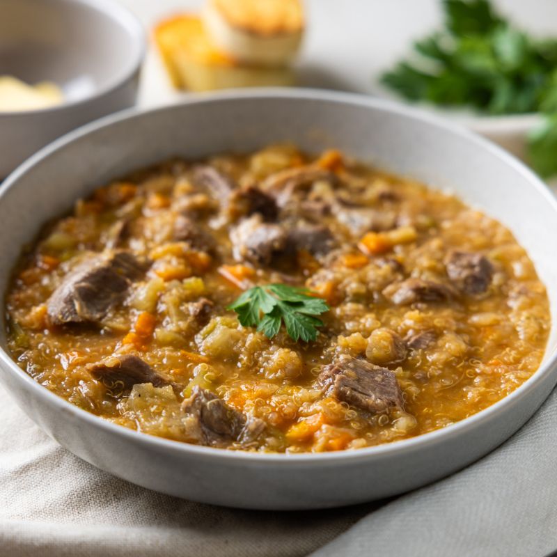 Close-up shot highlighting the rich texture of the Lamb Shank Scotch Broth. The tender lamb, vibrant vegetables, and wholesome quinoa are brought into focus, with a soft background of garlic toast and parsley for added warmth.