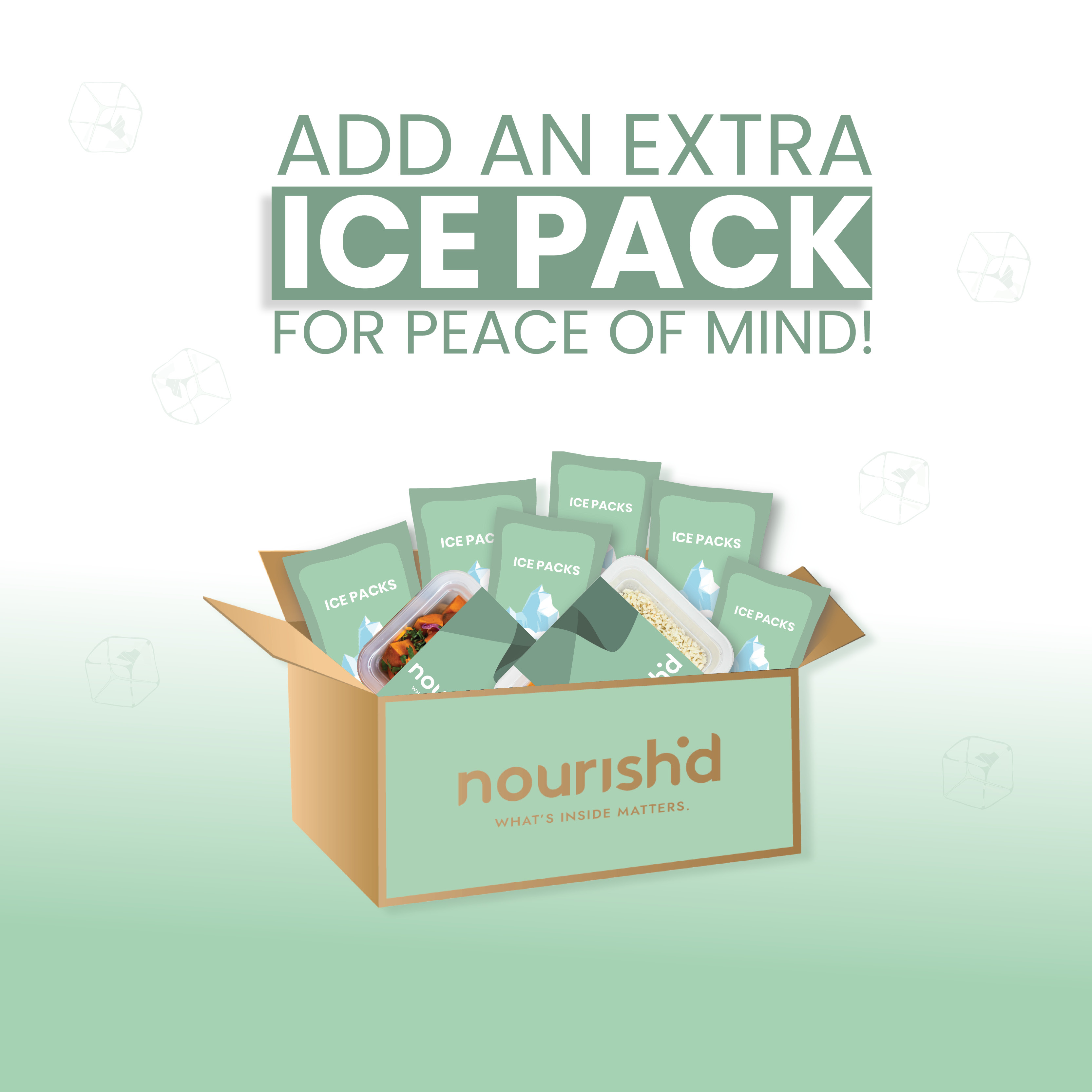 An image of a Nourish'd delivery with extra ice packs and the words "add an extra ice pack for piece of mind!" written above.