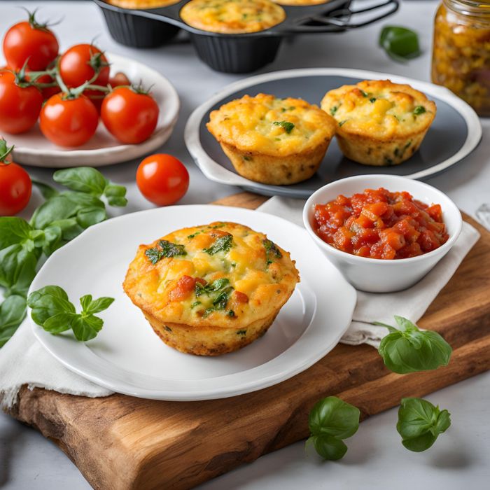 A scene depicting a muffin shaped frittata on a white plate with a white bowl of tomato salsa on the side and two more frittata's on a blue plate in the background. This is surrounded by herbs, vine-ripened cherry tomatoes, all on a wooden board and a white bench.