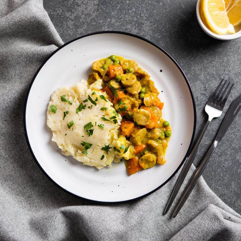 Curried Sausage with White Potato Mash