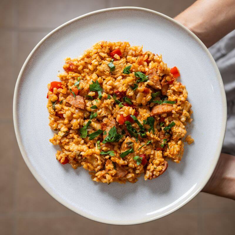 A woman in a purple-hued dress holds a plate of Paella with Brown Rice with both hands. The dish features chicken breast, chorizo, capsicum, and onion on a wholesome bed of brown rice, garnished with chopped cilantro.