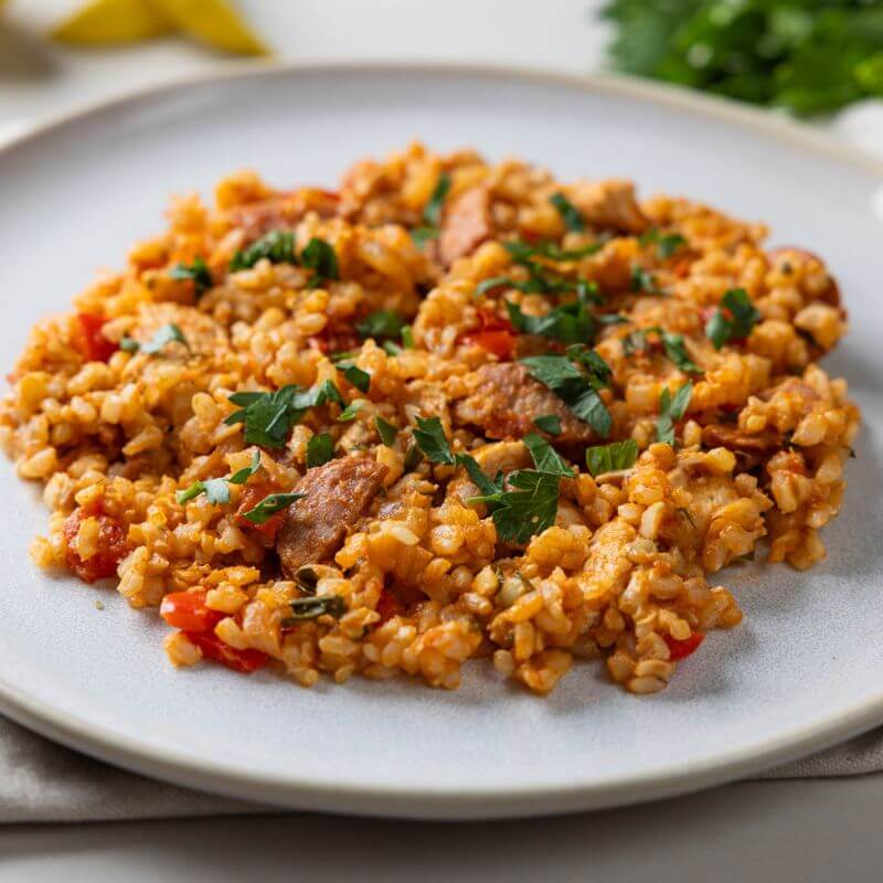 A woman in a purple-hued dress holds a plate of Paella with Brown Rice with both hands. The dish features chicken breast, chorizo, capsicum, and onion on a wholesome bed of brown rice, garnished with chopped cilantro.