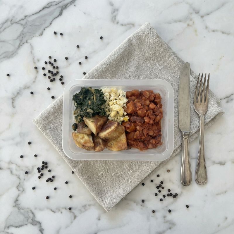 All Day Big Breakfast served in a meal container, showcasing the chorizo, scrambled eggs, and potato hash beautifully arranged next to the smoky baked beans in an appetizing, neatly packaged presentation