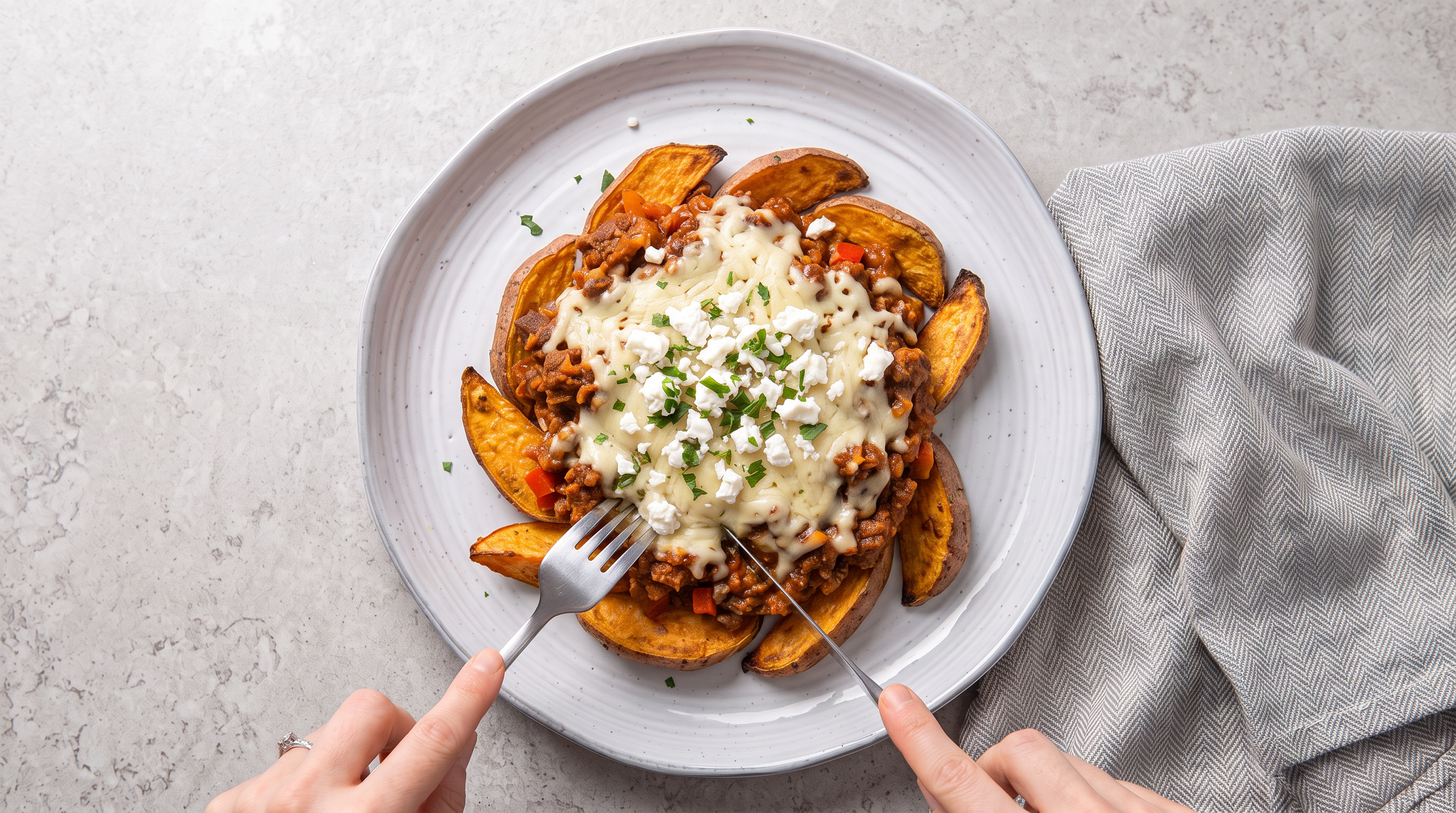 Overhead shot of hands holding a fork over a white plate filled with roasted sweet potato wedges, topped with rich beef chilli, melted cheese, fresh herbs, and a dollop of ricotta.