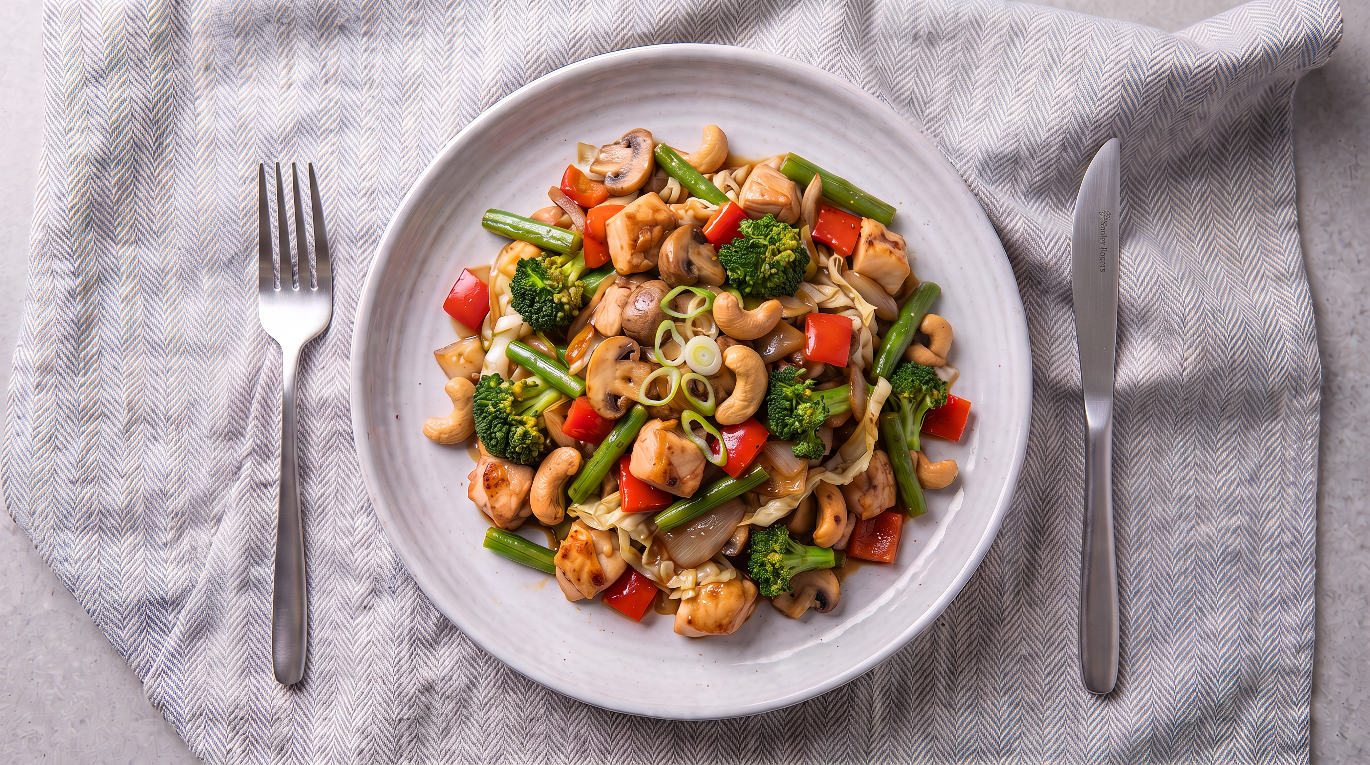 White ceramic plate of chicken cashew stir fry with vibrant vegetables and roasted cashews 