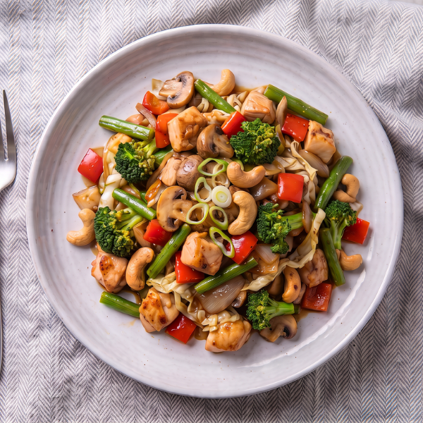 Overhead view of Chicken Cashew Stir Fry in a gray ceramic bowl, featuring wok-fried chicken pieces, broccoli, green beans, red capsicum, and golden roasted cashews.