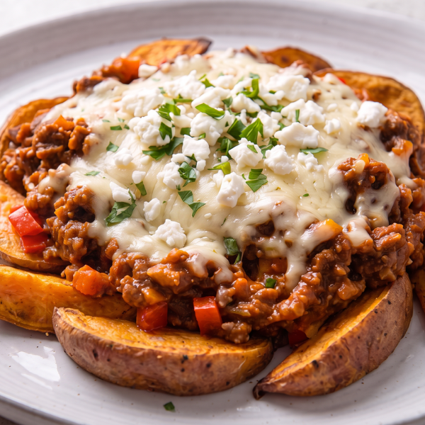 Close up view of loaded sweet potato wedges on a white ceramic plate, tipped with beef chilli and tasty melted cheese 