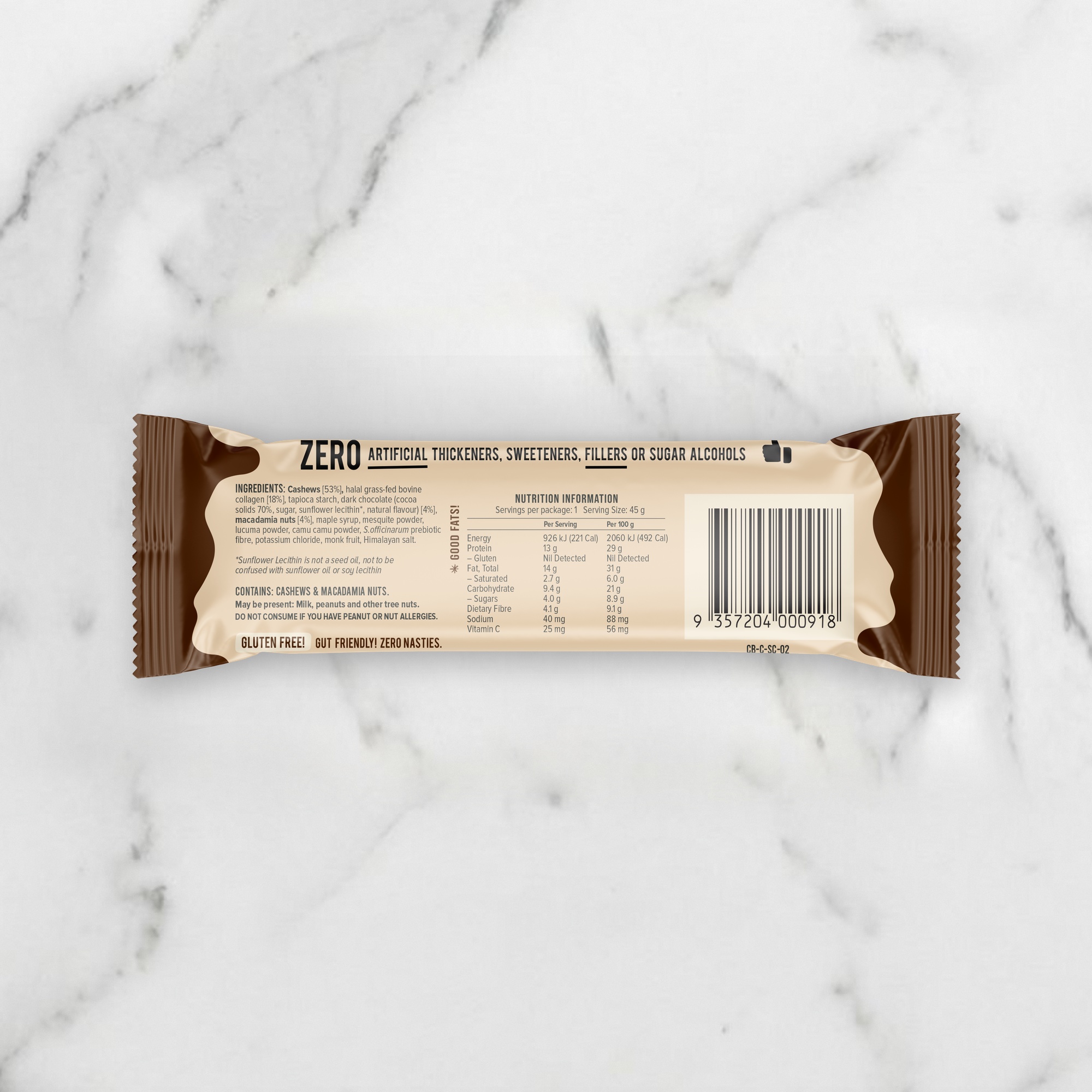 Back image of Chief Collagen Salted Caramel on light grey marble kitchen countertop 