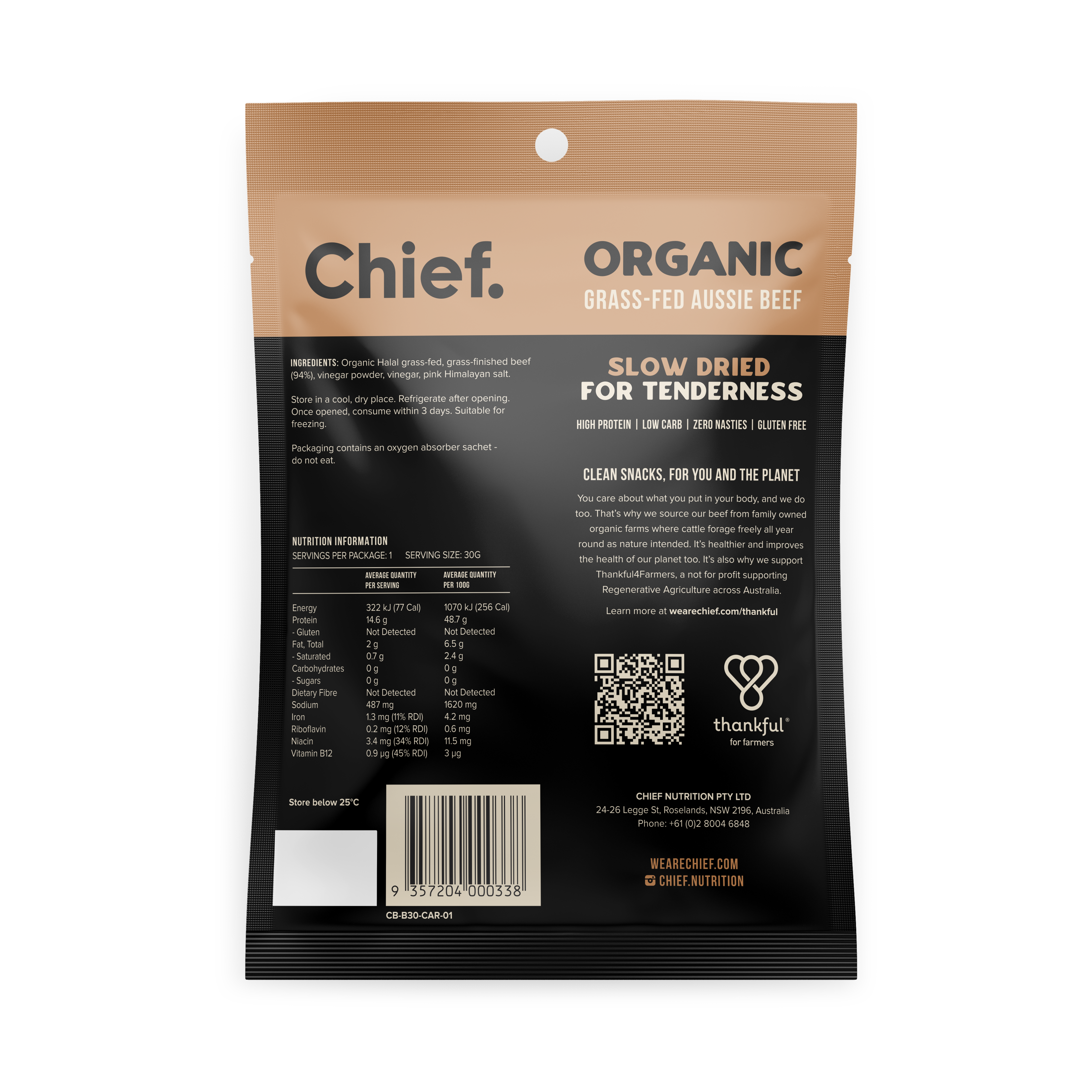The back of the Chief Carnivore Biltong 30g bag. The ingredients are organic halal grass-fed, grass-finished beef (94%), vinegar powder, vinegar and pink Himalayan salt. Per 30g bag: 322kJ, 14.6g protein, 2g fat, 0g carbohydrate, 0g sugar, 487mg sodium. The pack also shows storage instructions, a QR code, a Thankful4Farmers logo and a barcode.